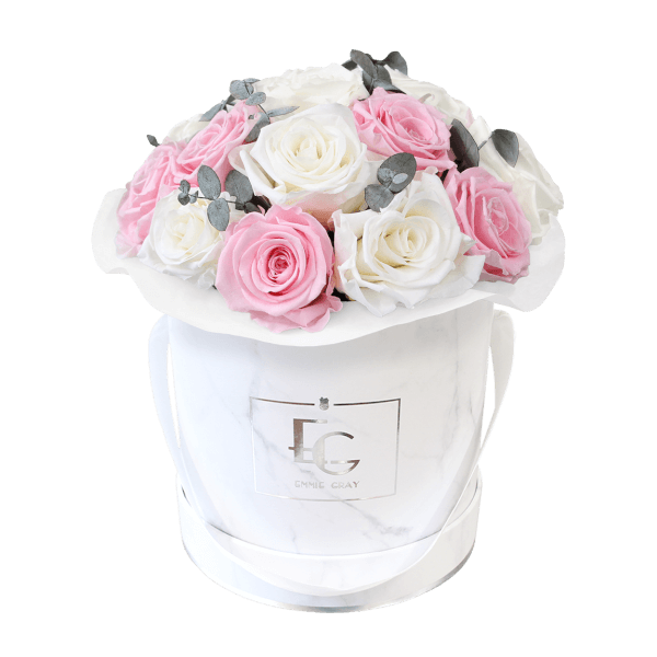 Splendid Eucalyptus Infinity Rosebox | Pure White & Bridal Pink | S