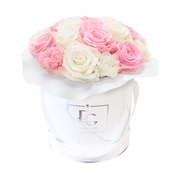 SPLENDID CARNATION MIX INFINITY ROSEBOX | BRIDAL PINK & PURE WHITE | S