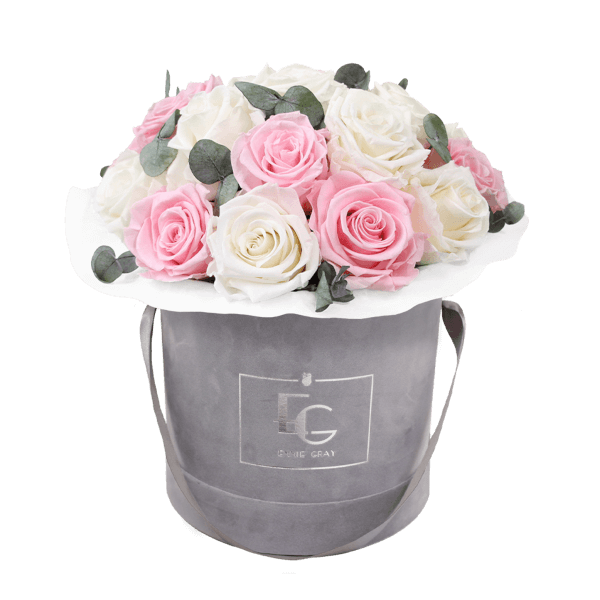 Splendid Eucalyptus Infinity Rosebox | Pure White & Bridal Pink | M