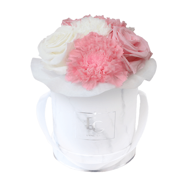 SPLENDID CARNATION MIX INFINITY ROSEBOX | BRIDAL PINK & PURE WHITE | XS